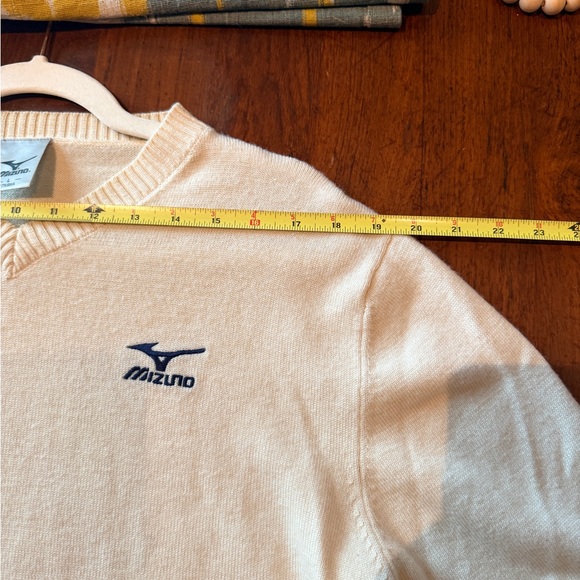 Mizuno Vintage Knit Sweater Cream V-Neck Embroidered Logo L 90s Y2K Wool - Picture 9 of 9